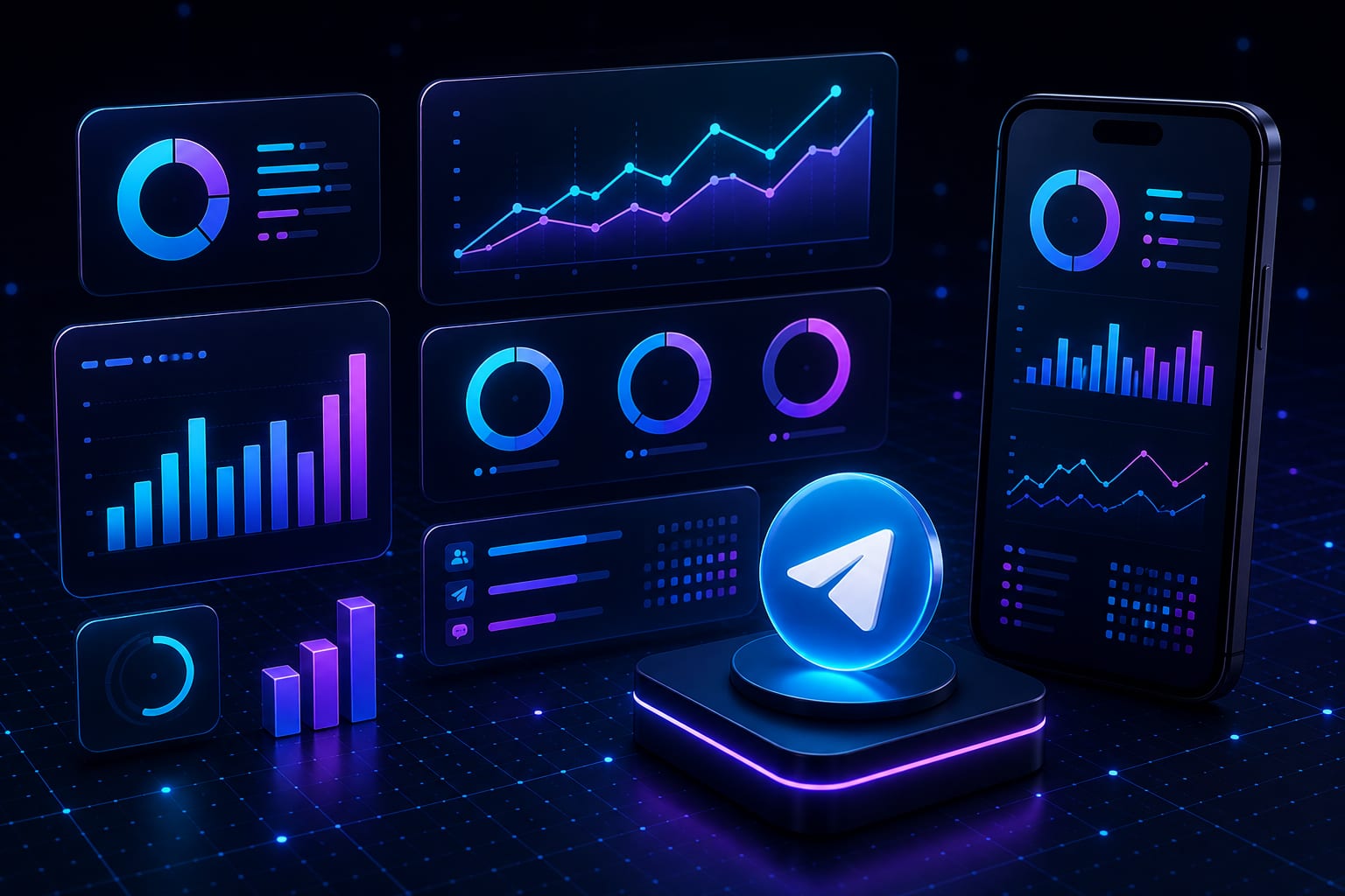 Telegram kanal metrikleri için koyu analitik pano görseli