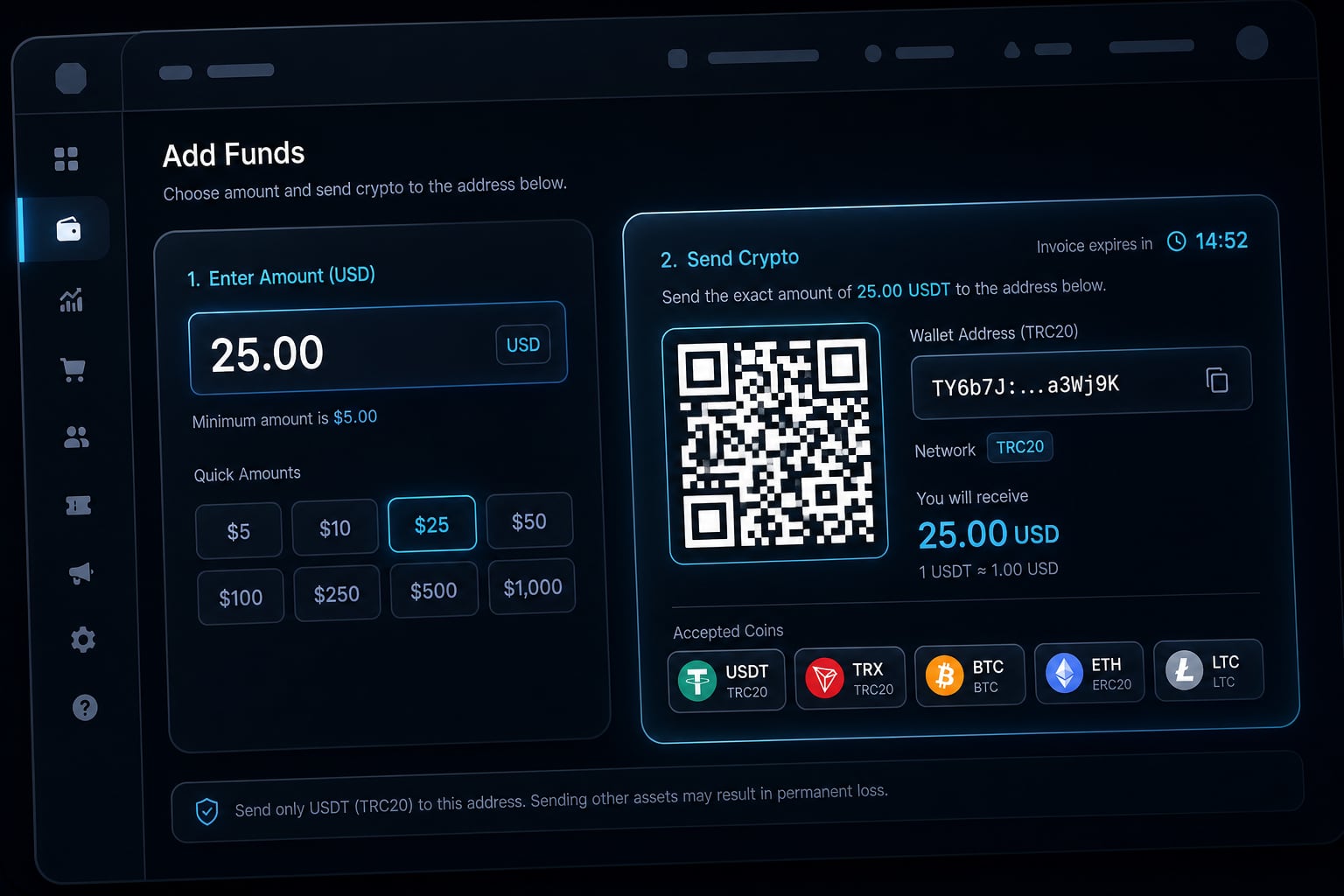 SMM panel crypto top-up screen showing a wallet address and QR code
