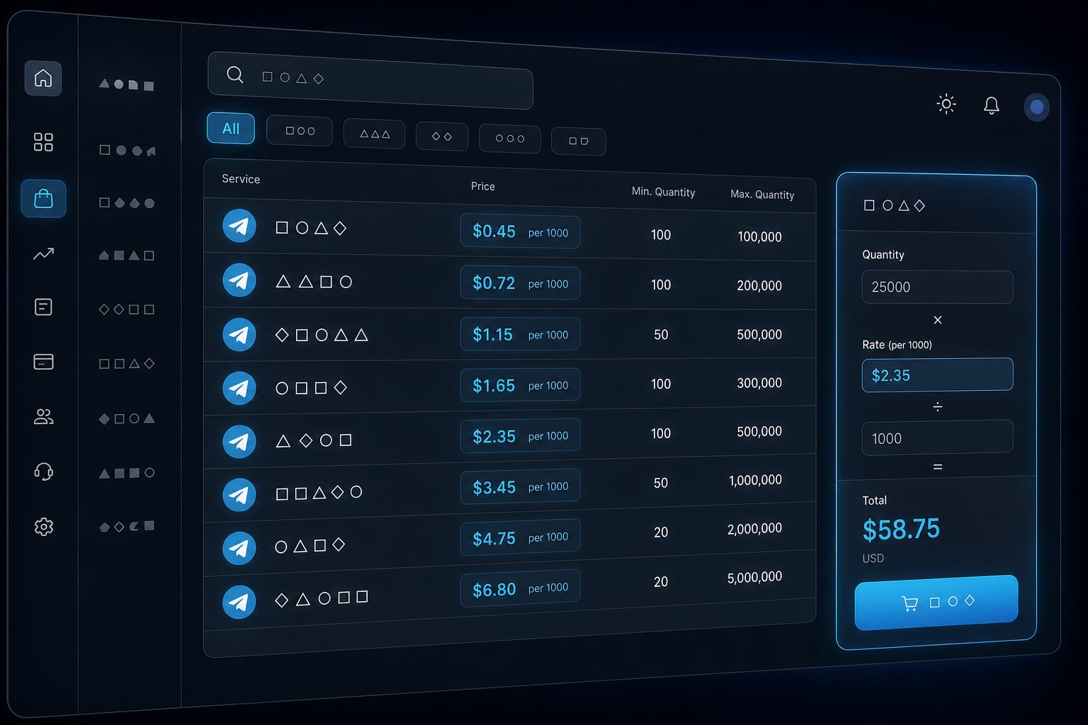 SMM panel catalogue comparing prices per thousand across services