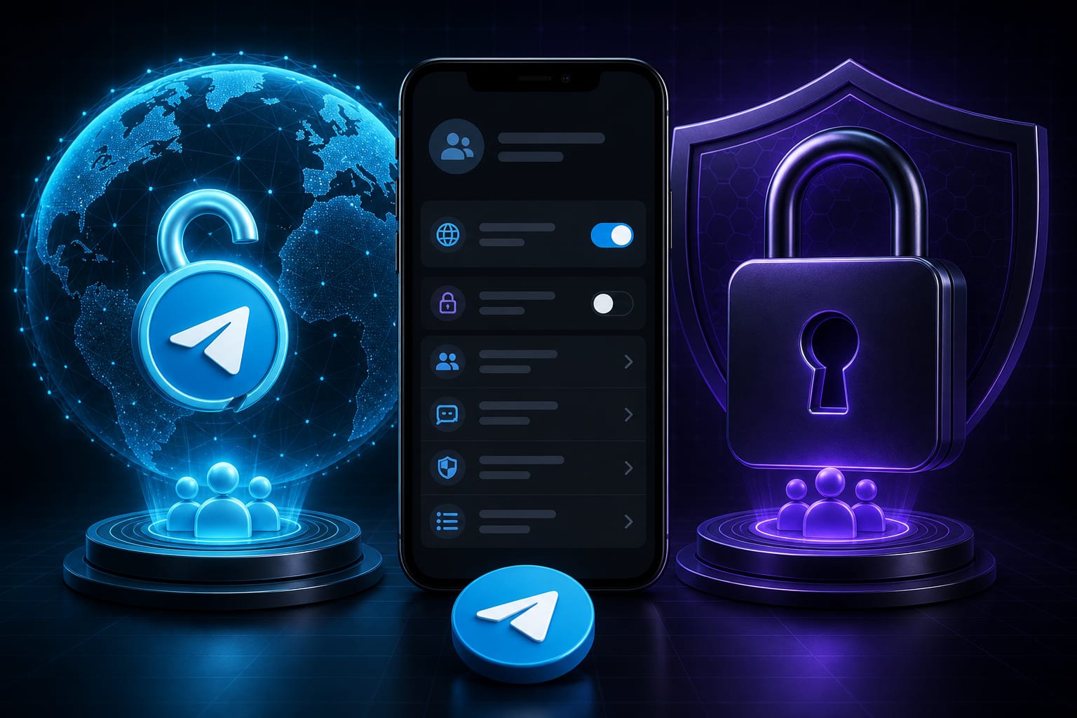 Açık küre ve gizli kilit ile Telegram kanal türlerini ayıran görsel
